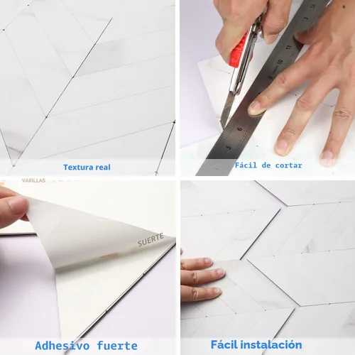 Vista 4 de STICKGOO 1 hoja de azulejos de espiga para despegar y pegar, PVC de mármol blanco para salpicaderos, azulejos de pared autoadhesivos para cocina