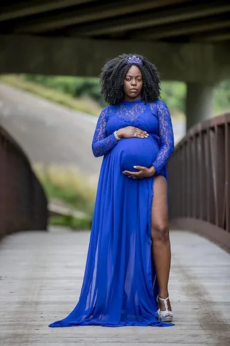 Vista 2 de ZIUMUDY Vestido de maternidad transparente de encaje de manga larga para fotografía con falda de gasa maxi vestido de sesión de fotos