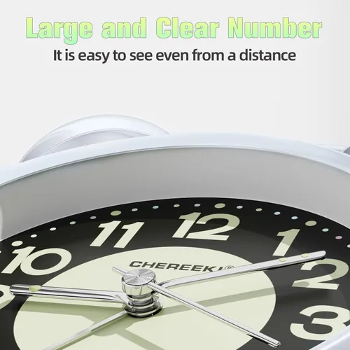 Vista 4 de CHEREEKI - Reloj despertador potente para personas que duermen profundamente, reloj analógico silencioso sin marcas con luz de fondo, esfera