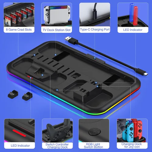 Vista 4 de AXYBCOOL RGB Switch Charger Dock for Nintendo SwitchSwitch LiteOLEDSwitch Charging Stand with 8 Games Storage for Switch Pro Controller Joycons