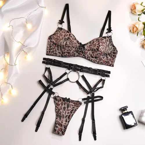 Vista 6 de Conjunto de lencería de liguero de leopardo para mujer, conjunto de brasier y braga sexy con liguero, 3 piezas