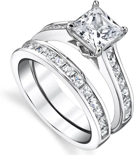Vista 2 de Juego de anillos de compromiso de boda de plata de ley de 4.3 quilates con circonita cúbica de corte princesa