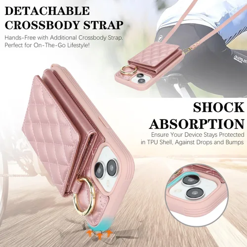Vista 6 de Funda para iPhone 14 con tarjetero y correa para mujer, cordón cruzado, espejo de maquillaje, soporte de anillo, cierre a presión, bonitas fundas