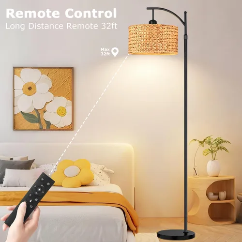 Vista 4 de QIYIZM Lámpara de pie para sala de estar, dormitorio, estilo granja, arco, ratán, boho, lámpara de pie con control remoto regulable, pantalla