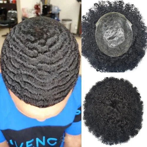 Vista 14 de Afro Toupee para hombres negros unidad de cabello humano para hombres negros postizo PU Ingección Afro Mens Toupee 4MM onda #1 negro azabache
