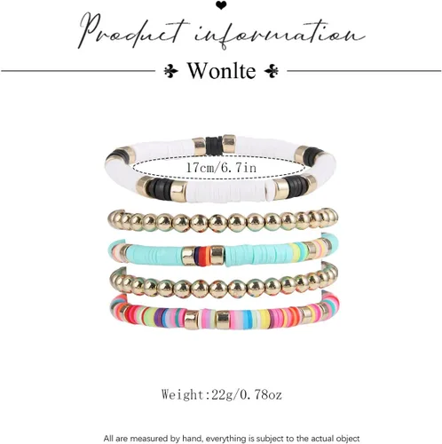 Vista 5 de Wonlte - Juego de pulseras de cuentas de arcilla Heishi, pulseras elásticas apilables con cuentas de mal de ojo, pulseras elásticas apilables