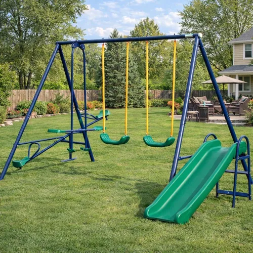 Vista 12 de DECORLIFE Columpio de platillo con soporte de marco en A resistente, juego de columpios para patio trasero, plataforma redonda de capacidad de 260