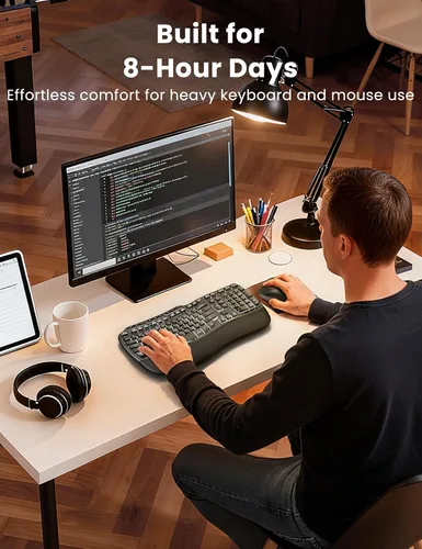 Vista 4 de Combo ergonómico de teclado y mouse inalámbricos, teclado retroiluminado recargable de 4000 mAh con un reposamanos suave de piel de cordero