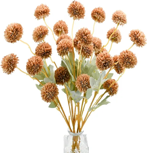 Vista 31 de Mandy's 6 tallos de seda beige Kiku flores de bola Tallos artificiales de crisantemo para decoración del hogar, verano, arreglo floral sintético
