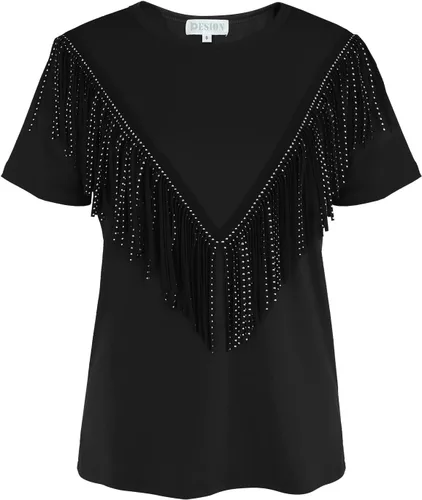 Vista 5 de PESION Camisas de manga corta con flecos para mujer, blusa con ribete de borlas