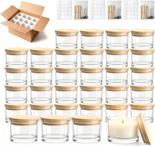 Vista 11 de Tarros de vela de vidrio de 4 onzas, paquete de 12 tarros pequeños para hacer velas, tarros vacíos de vidrio grueso de boca ancha con tapas de bambú