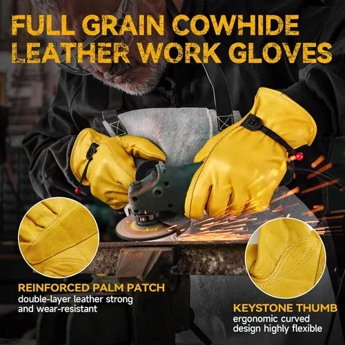 Vista 2 de Guantes de trabajo de cuero para hombres y mujeres con puño ajustable, resistentes, de piel de vaca