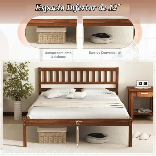 Vista 6 de KOMFOTT Base de cama de plataforma de madera de tamaño completo con cabecero, marco de cama de madera de mediados de siglo de 16 pulgadas