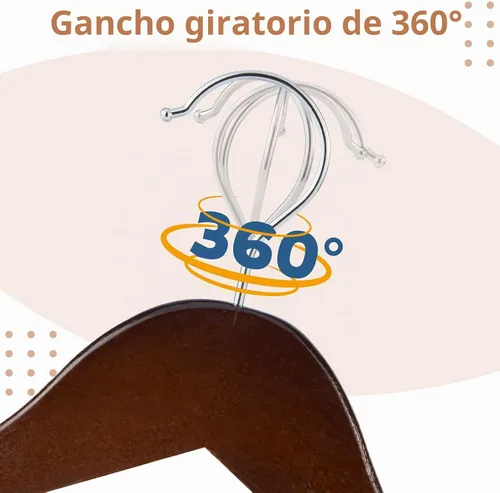 Vista 6 de Perchas de madera, paquete de 20 perchas con acabado extra suave, muescas cortadas con precisión y gancho giratorio cromado, perchas de madera