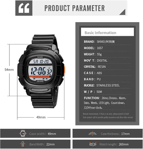 Vista 6 de SKMEI Reloj deportivo digital para hombre pantalla LED relojes militares de cara grande resistente al agua casual luminoso cronómetro alarma simple