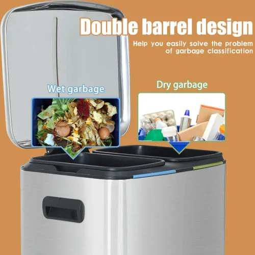 Vista 6 de Cubo de basura de acero inoxidable con doble compartimento de 40 litros/10 galones, cubo de basura manos libres con tapa de cierre suave, combo