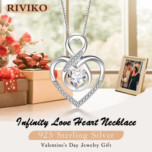 Vista 2 de RIVIKO Collar con símbolo de corazón infinito para mujer, plata de ley 925, delicado dije de corazón de amor para siempre, día de San Valentín, día