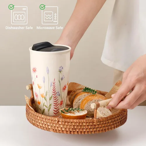 Vista 5 de ANTIS'S HOME Taza de Viaje de Cerámica con Tapa, Taza de Café Tumbler de Doble Pared Beige con Patrón de Flores, Taza Alta Reutilizable, Tapa