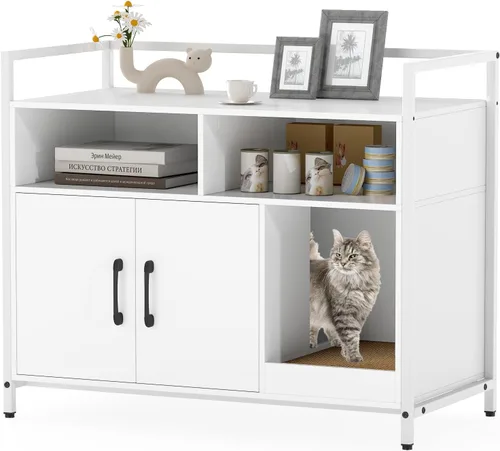 Vista 11 de Giantex Recinto de Caja de Arena para Gatos - Mueble Oculto para Baño de Gatos con Entrada Frontal, Rascador, Armario de Almacenamiento de 2