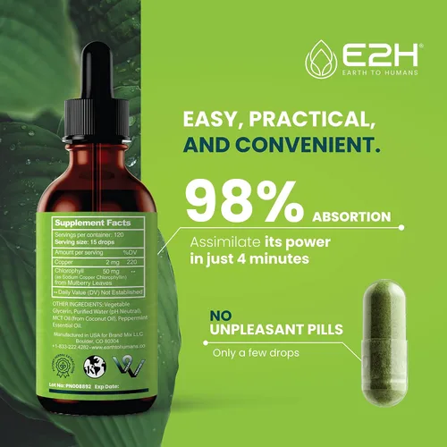 Vista 4 de E2H - Gotas líquidas de clorofila, estimulante de energía natural, apoyo al sistema inmunológico y desodorante interno, sabor a menta, 2 onzas