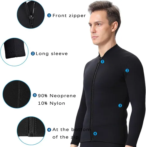 Vista 5 de Wetsuits Top Jacket Women Men 2mm Neoprene Long Sleeve Shirt Front Zipper Vest Wet Suit Keep Warm for Adult Youth Diving Surfing Swimming Water