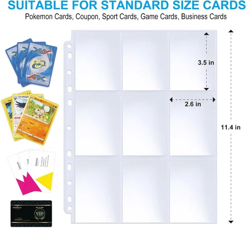 Vista 4 de ABLY 540 bolsillos de doble cara para tarjetas intercambiables, 9 bolsillos, protectores de tarjetas de juego de plástico transparente