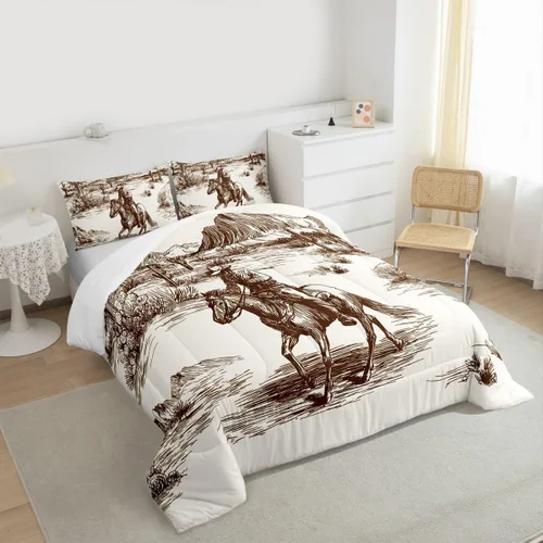 Vista 3 de Juego de edredón de vaquero individual, ropa de cama occidental para niños y hombres, ilustración dibujada a mano de caballo americano salvaje