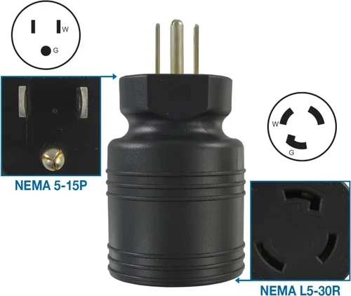Vista 2 de Conntek Adaptador de enchufe de bloqueo NEMA 5-15P a NEMA L5-30R de 15 amperios a 30 amperios Negro