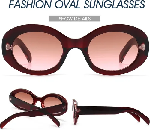 Vista 6 de PORADAY Lentes de sol ovalados modernos y gruesos para mujer, lentes de sol retro estrechos y gruesos, tonos degradados, redondos