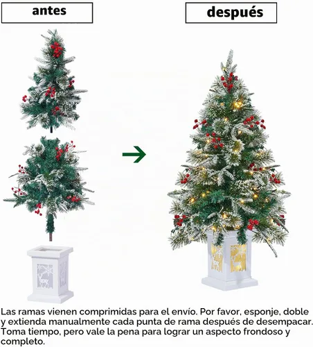 Vista 4 de Árbol de Navidad artificial preiluminado de 3 pies con base vintage en Árbol de abeto de Navidad iluminado con luces LED, funciona con pilas y 8