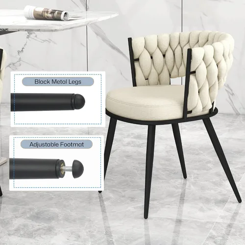Vista 5 de Juego de 2 sillas de comedor tejidas, modernas sillas de comedor tejidas a mano con patas de metal negro, sillas tapizadas con marco negro