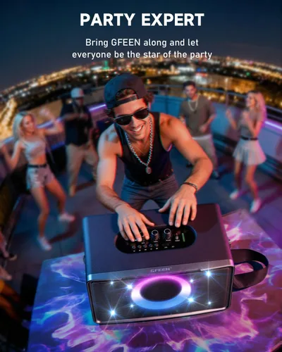 Vista 5 de GFEEN Altavoz Blutooth para fiestas: 200 W pico potente sonido fuerte! Tiempo de reproducción de 15 horas, espectáculo de luz RGB, carga rápida