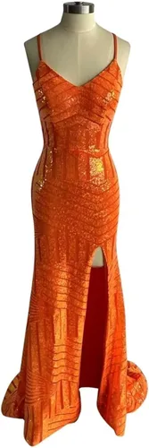 Vista 5 de Vestidos de fiesta de lentejuelas de sirena 2024 cuello en V brillante correa de espagueti formal vestido de fiesta de noche con abertura CM251
