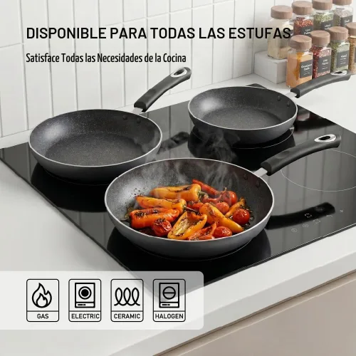 Vista 2 de Juego de sartén antiadherente, 3 piezas, compatible con inducción, 8 pulgadas, 9.5 pulgadas y 11 pulgadas