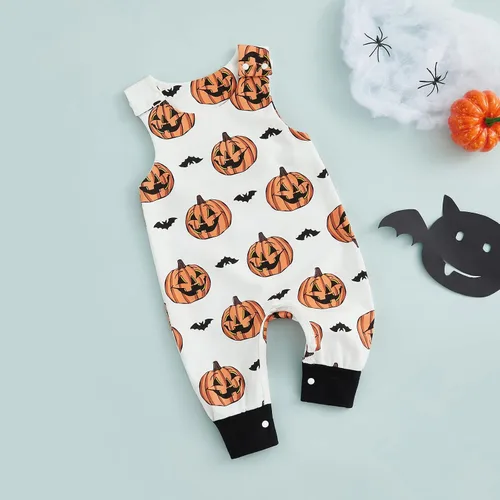 Vista 2 de Mameluco de Halloween para recién nacido, sin mangas, estampado de calabaza, overol