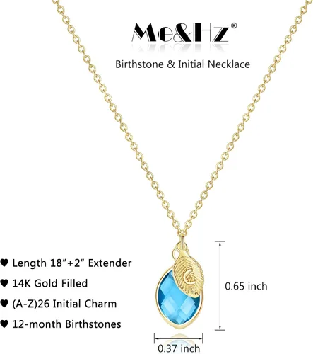 Vista 6 de Me&Hz Dainty Initial Birthstone Necklace for Women Girls, 14K Gold Filled Birth Month Crystal Birth Stone Necklace Leaf Letter Small Pendant