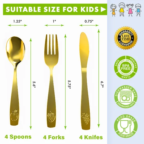 Vista 2 de 12 Piezas de Juego de Cubiertos para Niños de Acero Inoxidable - Cubiertos Seguros para Niños y Bebés - Juego de Utensilios para Niños - Juego