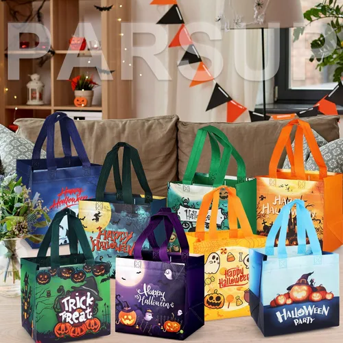 Vista 6 de PARSUP 8 bolsas de Halloween, bolsas de mano con asas, bolsas de regalo de bronce metálico, bolsas de regalo no tejidas para dulce o truco