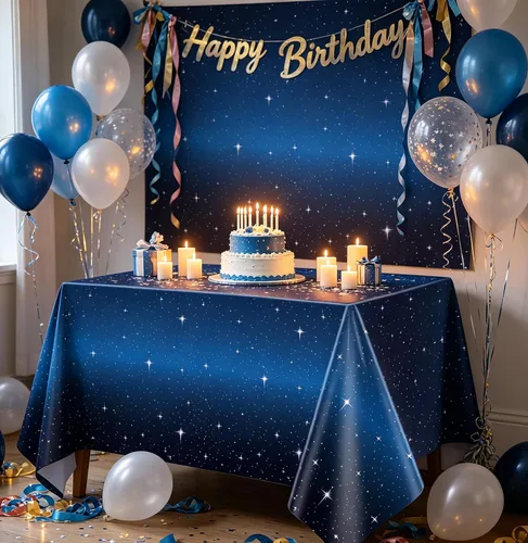 Vista 6 de Juego de 4 manteles de noche estrellada – Mantel rectangular de plástico de 86 x 51 pies, cubierta de mesa temática espacial – Suministros