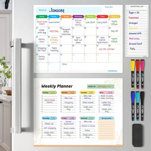 Vista 3 de Agenda mensual (paquete de 3) pizarra blanca magnética para refrigerador, calendario semanal de borrado en seco, calendario magnético