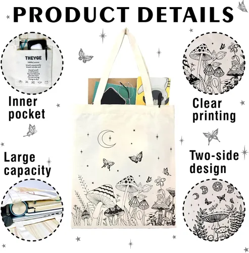 Vista 5 de THEYGE Large Cute Tote Bag for Women Reusable Shopping Grocery Canvas Bag Negro hongo