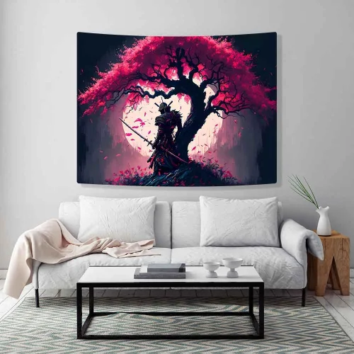 Vista 3 de Ine Ive GTDWIE0297 - Tapiz samurái japonés para estética de dormitorio, luna llena, árbol de cerezo, 40 x 30 pulgadas, arte japonés para dormitorio