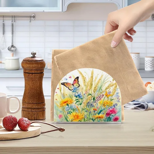 Vista 6 de Servilletero rústico con flores silvestres y mariposas para mesas, servilleteros de acrílico transparente, servilleteros de cóctel para cocina