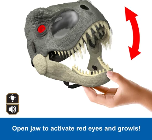 Vista 7 de Mattel Jurassic World Rebirth T-Rex Rage N Roar Máscara con ojos LED que se iluminan, acción de parpadeo con efecto de agresión de 3 niveles