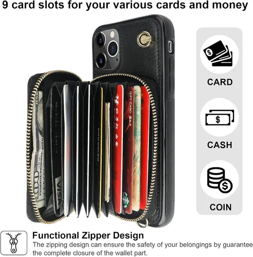 Vista 4 de Bocasal Funda tipo cartera cruzada para iPhone 11 Pro Max, funda de piel con bloqueo RFID y soporte para tarjetas, funda protectora con cremallera