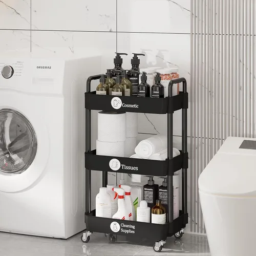 Vista 8 de Carritos de Almacenamiento de 3 Niveles Laiensia, Carrito Rodante Utilitario Multifunción Organizador de Almacenamiento de Cocina, Carrito
