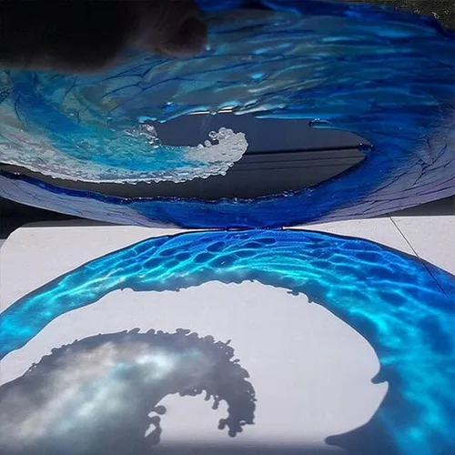 Vista 7 de Escultura de vidrio fundido con ondas, adorno azul degradado creativo, forma de olas del océano, arte para decoración de escritorio, decoración