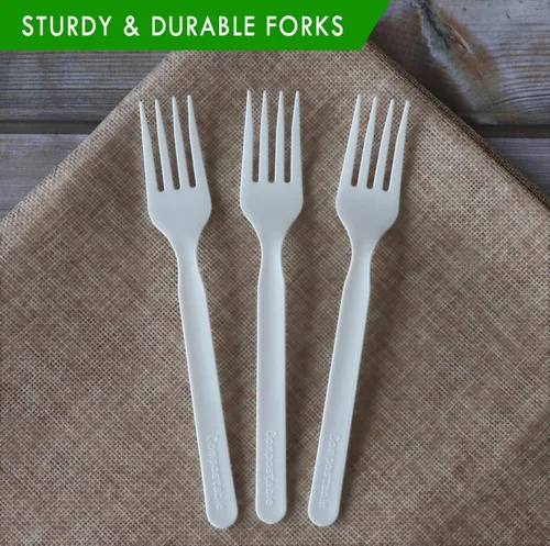 Vista 2 de Tenedores, cucharas y cuchillos biodegradables y compostables, cubertería CPLA pesada., Blanco, 100