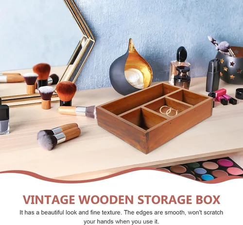 Vista 9 de SOIMISS Bandeja organizadora de maquillaje de madera, compartimento rectangular vintage, caja de almacenamiento de cosméticos con 4 rejillas