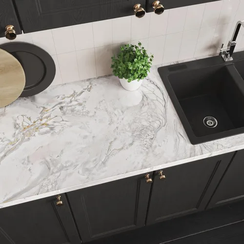 Vista 3 de VEELIKE Papel de contacto para encimera de mármol dorado crema, de 15.7 x 118 pulgadas, impermeable, para despegar y pegar, para cocina, papel tapiz